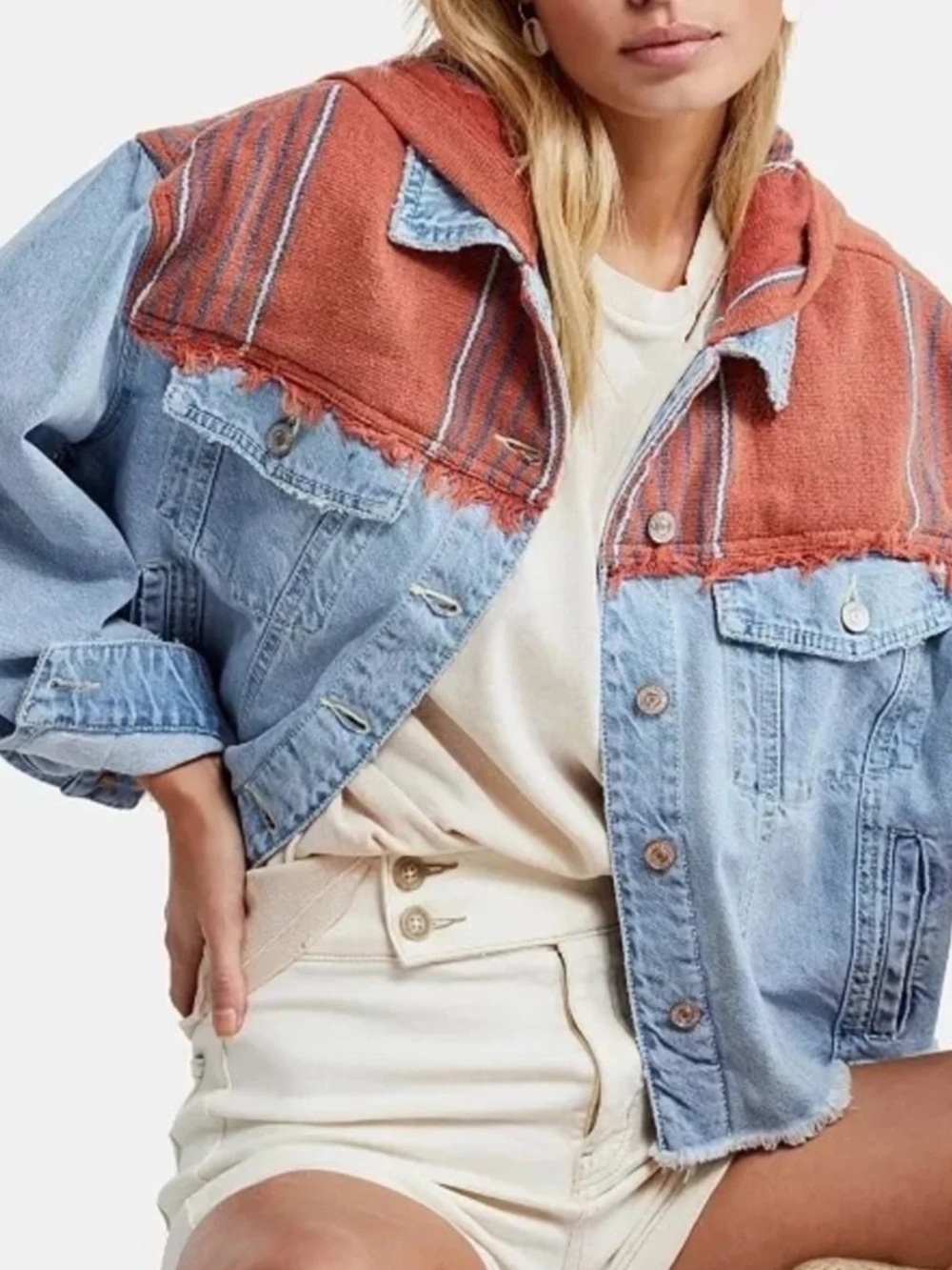 Free People Oversized Two-Tone Denim Baja Jacket with Rust Stripe - Size XL